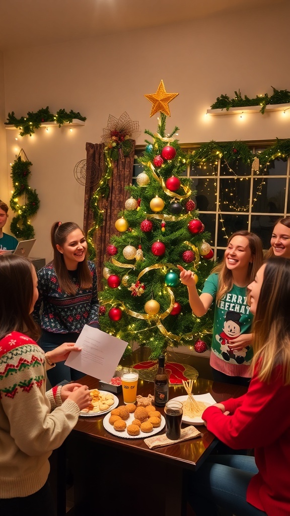 Young adults enjoying Christmas games at a festive party with decorations and treats.